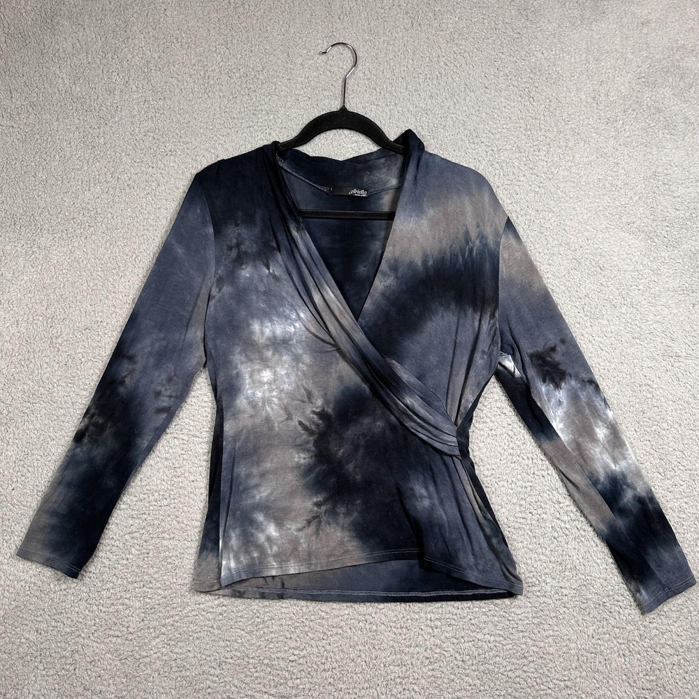 Ariella Wrap Top Womens Medium Gray Tie Dye Surplice Long Sleeve Made in USA